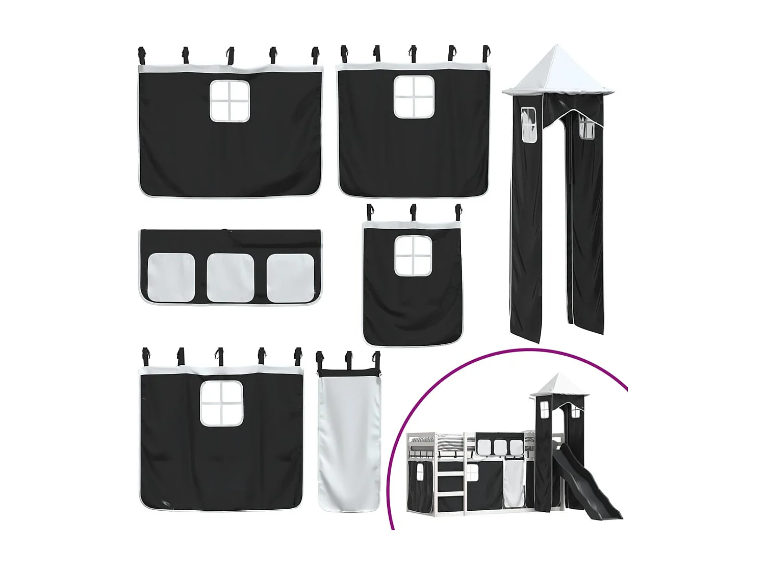 Beliche com escorrega e cortinas 90x200 cm branco e preto