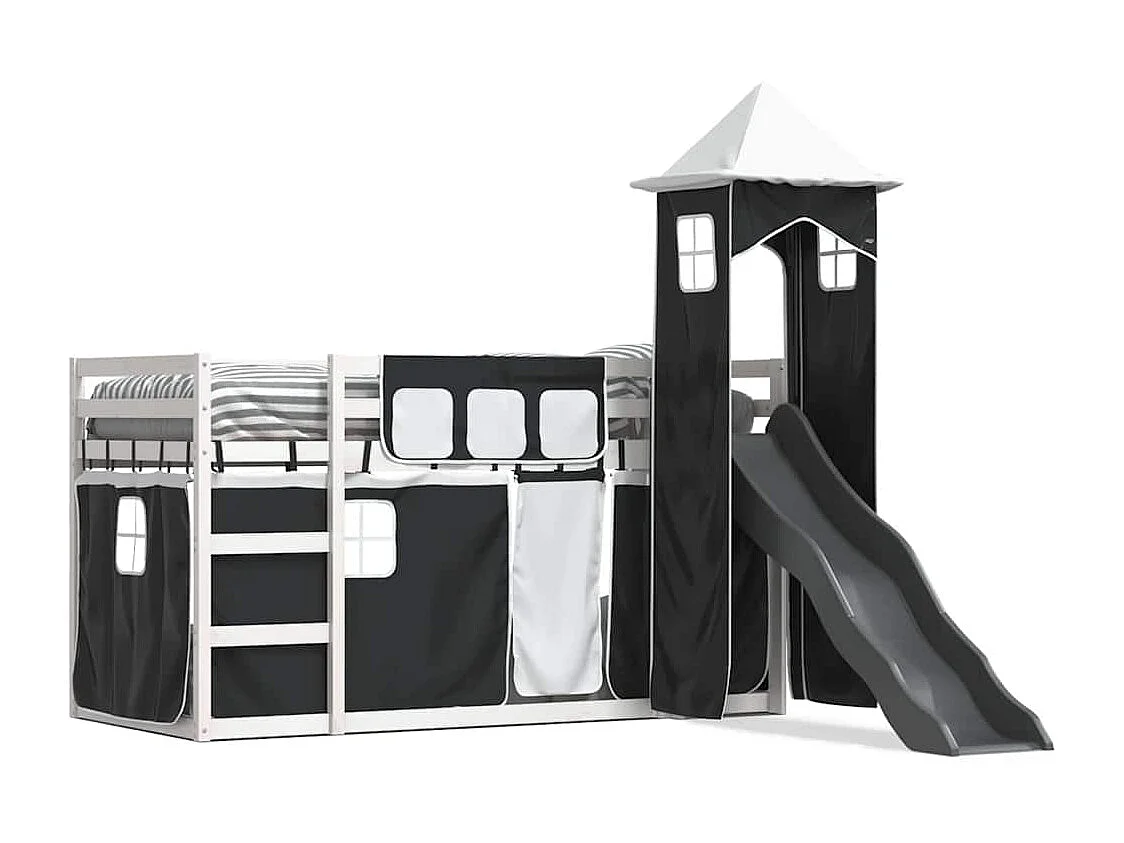 Lit superposé sans matelas avec toboggan blanc noir 90x200 cm
