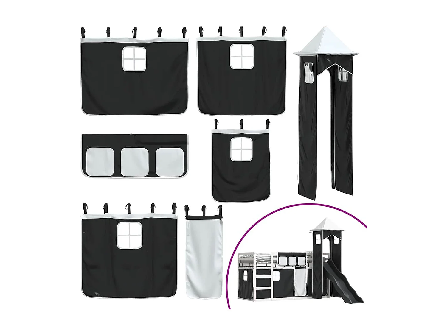 Lit superposé sans matelas avec toboggan blanc noir 90x200 cm