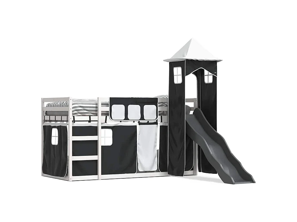 Litera con tobogán y cortinas blanco y negro 90x200 cm