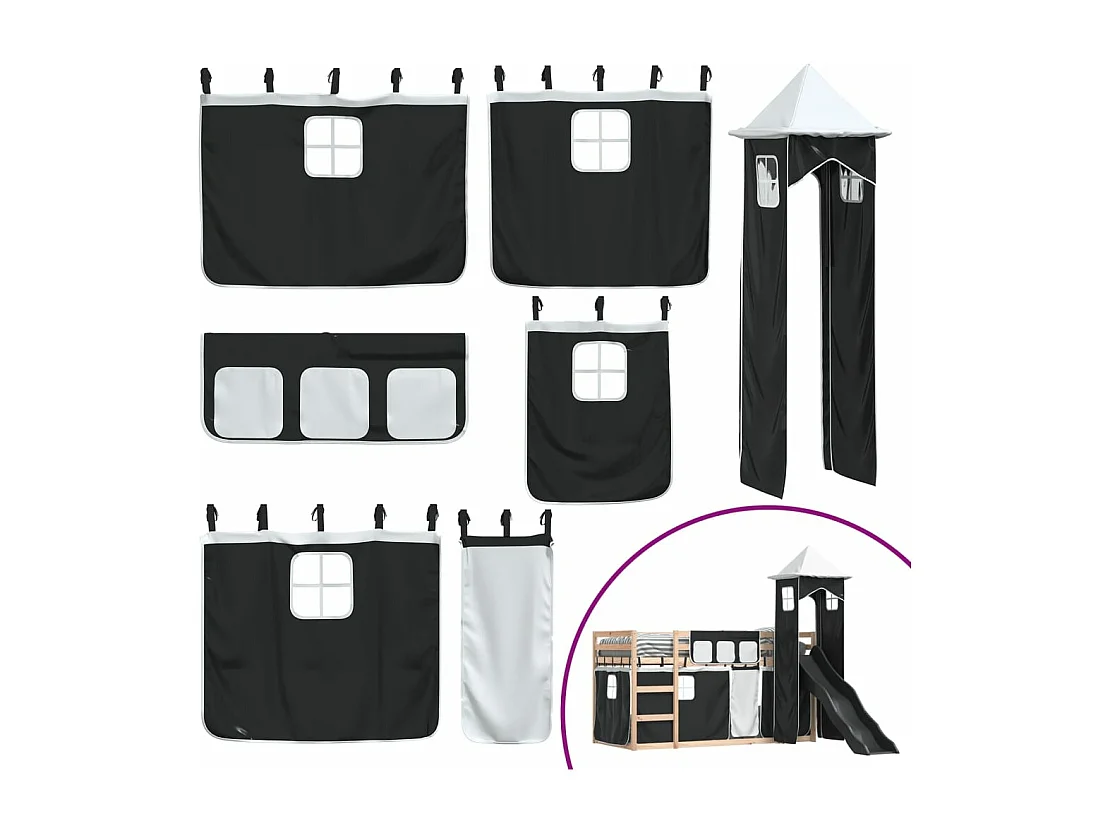 Beliche com escorrega e cortinas 90x200 cm branco e preto