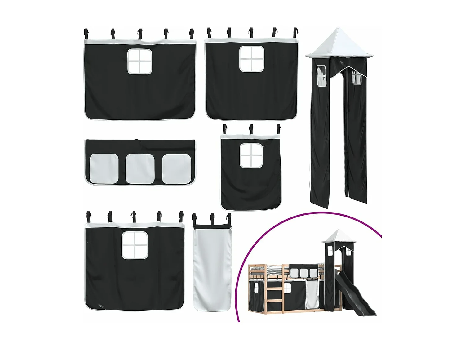 Beliche com escorrega e cortinas 90x200 cm branco e preto