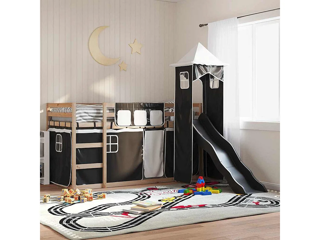 Lit superposé sans matelas avec toboggan blanc noir 90x200 cm