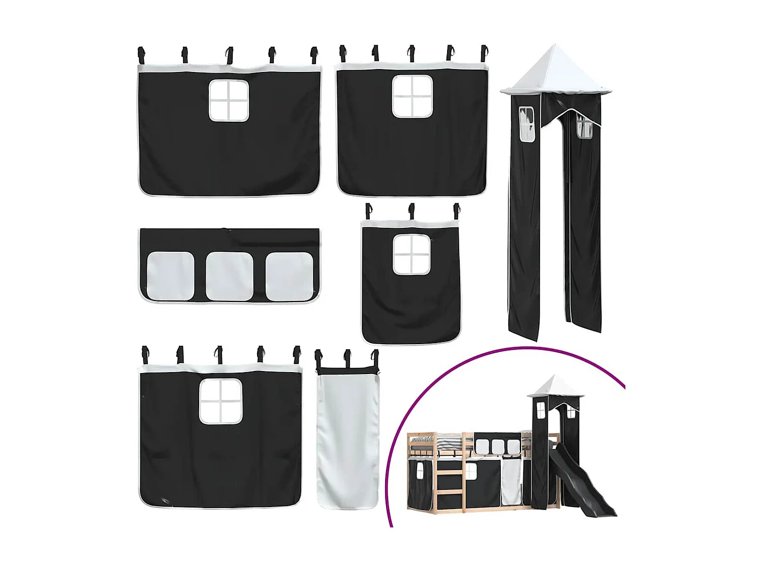 Lit superposé sans matelas avec toboggan blanc noir 90x200 cm