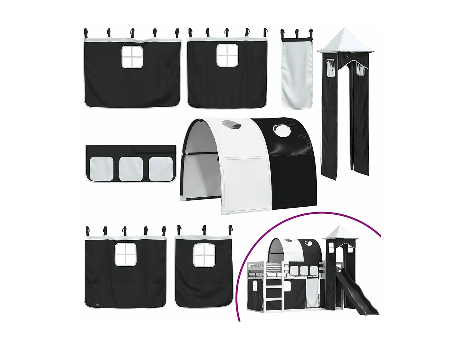 Beliche com escorrega e cortinas 90x200 cm branco e preto