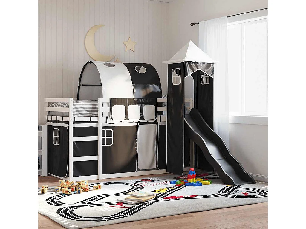 Lit superposé sans matelas avec toboggan blanc noir 90x200 cm