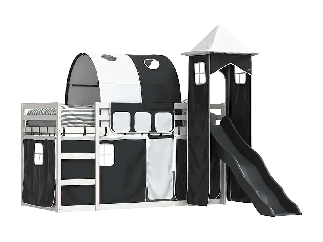 Lit superposé sans matelas avec toboggan blanc noir 90x200 cm