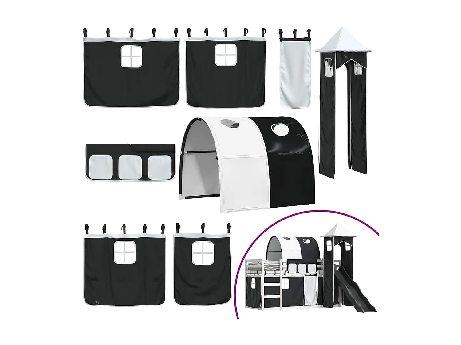 Lit superposé sans matelas avec toboggan blanc noir 90x200 cm