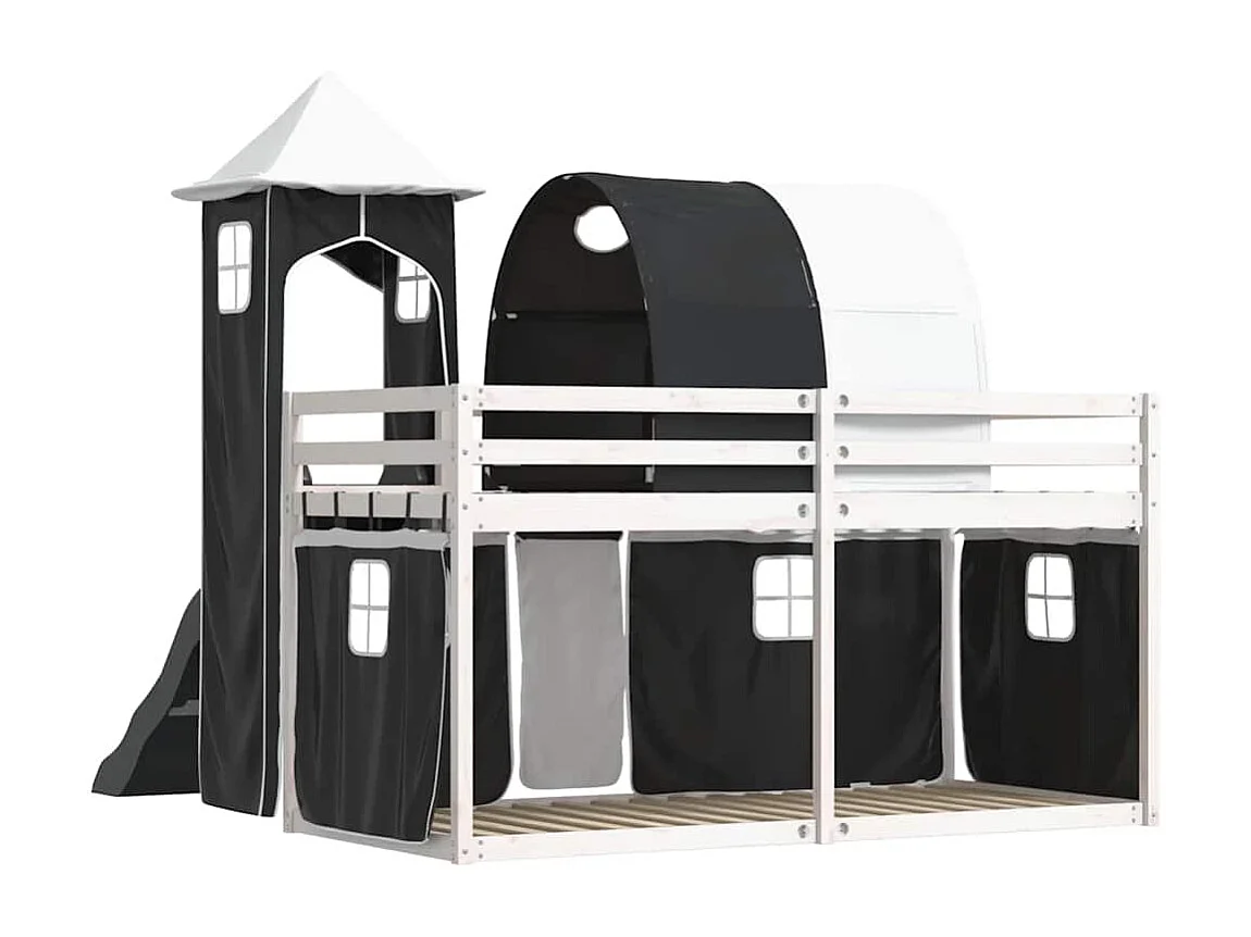 Lit superposé sans matelas avec toboggan blanc noir 90x200 cm