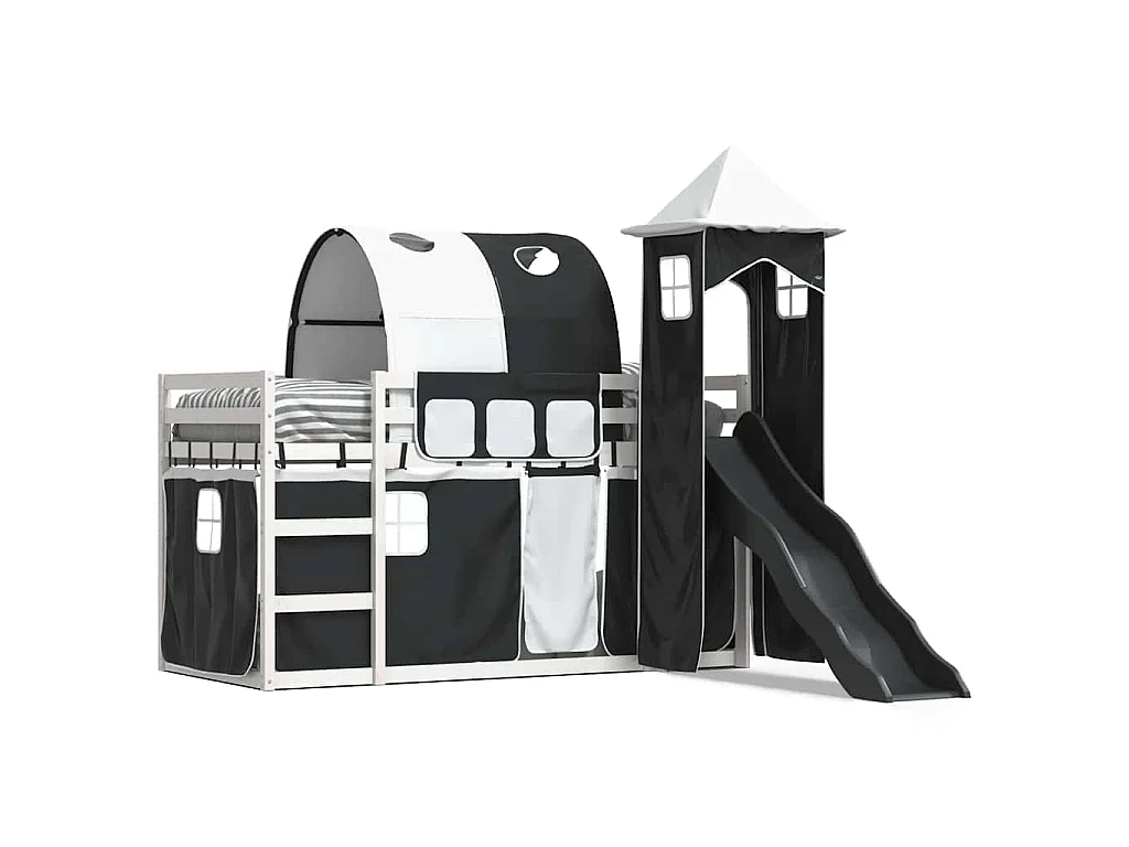 Lit superposé sans matelas avec toboggan blanc noir 90x200 cm