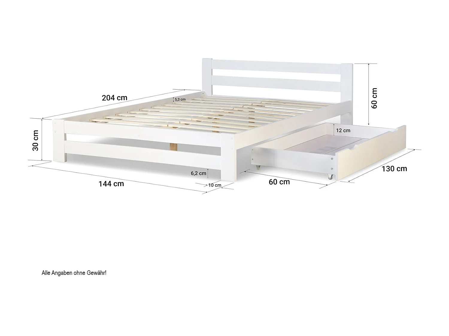 Lit double 2 personnes bois blanche 204 x 144 x 60 cm LIT06212
