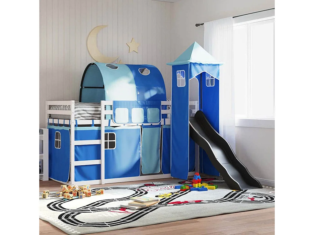 Letto a Castello con Scivolo e Tende Blu 90x200 cm