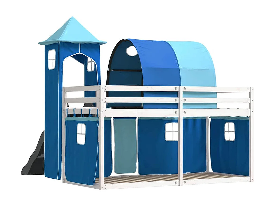 Letto a Castello con Scivolo e Tende Blu 90x200 cm