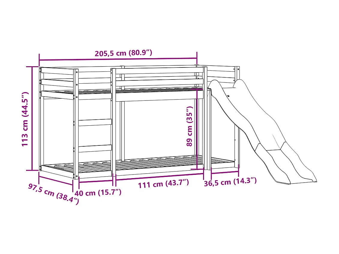 Lit superposé avec toboggan et échelle sans matelas 90x200 cm