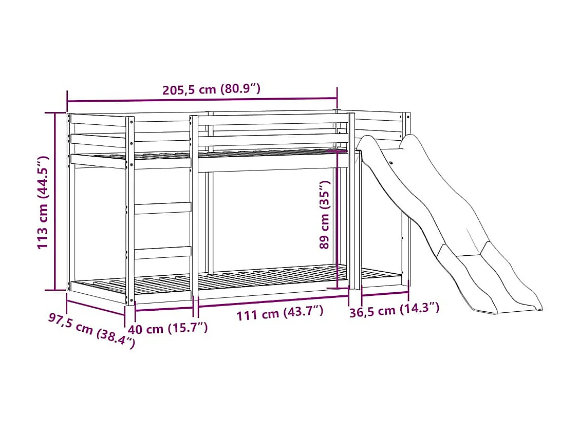 Lit superposé avec toboggan et échelle sans matelas 90x200 cm