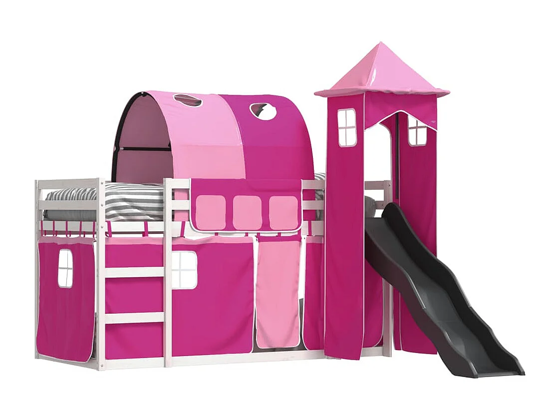 Letto a Castello con Scivolo e Tende Rosa 90x200 cm