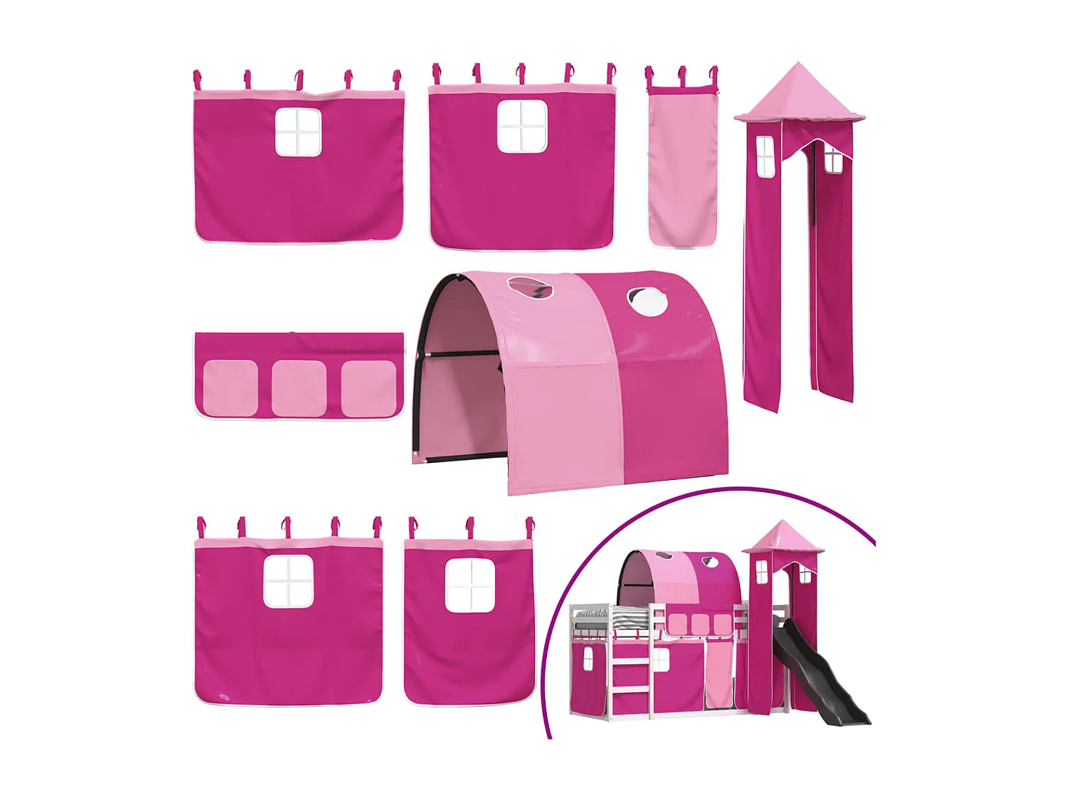 Letto a Castello con Scivolo e Tende Rosa 90x200 cm