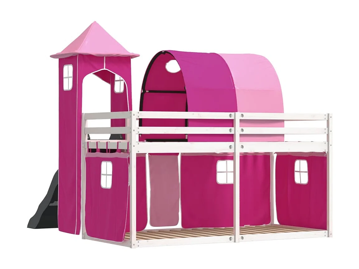 Letto a Castello con Scivolo e Tende Rosa 90x200 cm