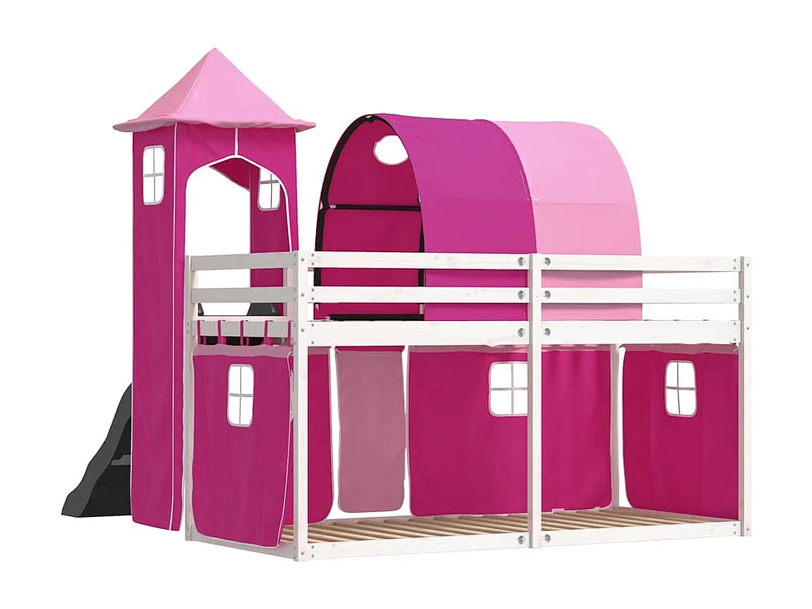 Stapelbed met glijbaan en gordijnen roze 90x200 cm