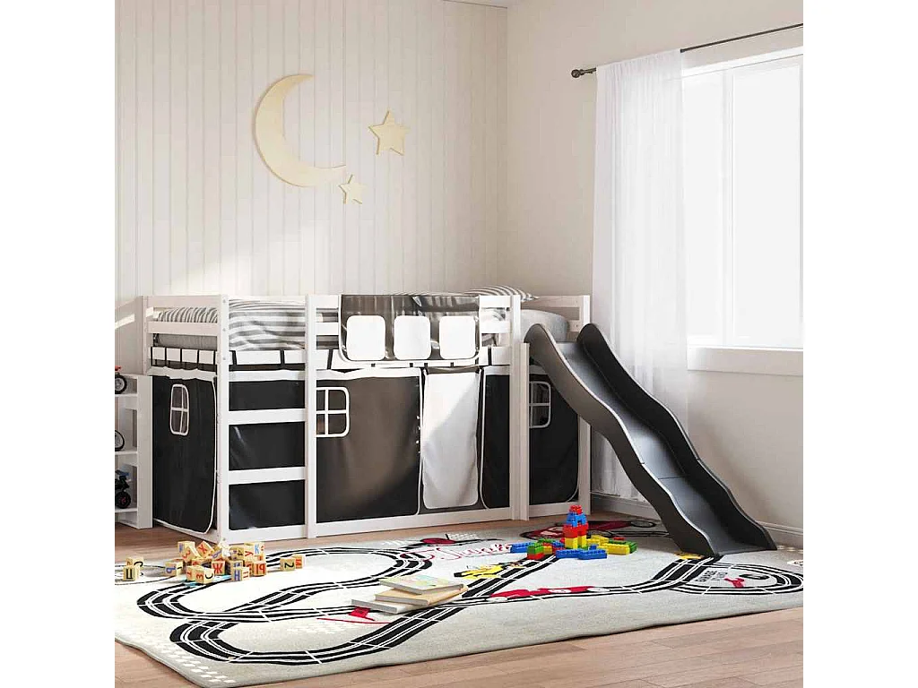 Stapelbed met glijbaan en gordijnen 90x200 cm wit en zwart