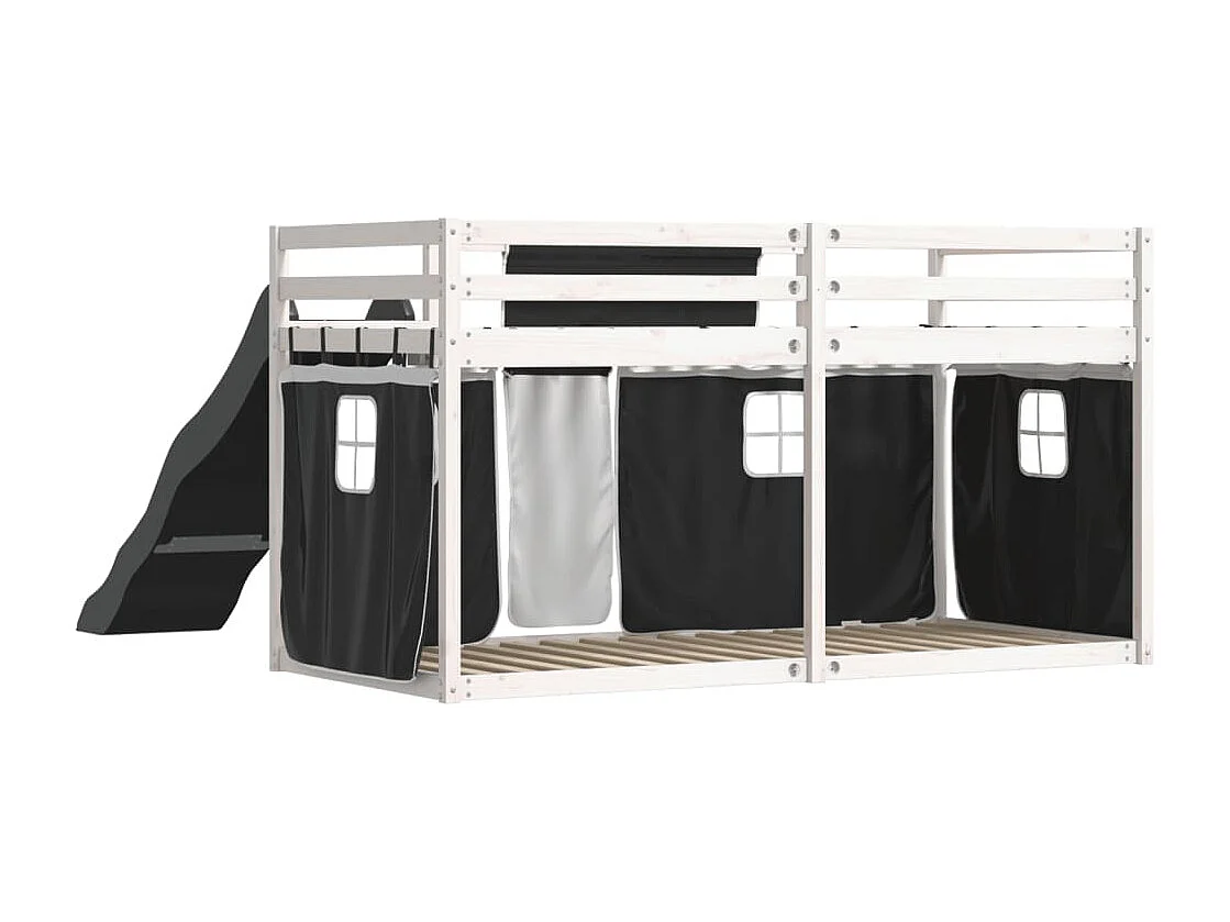 Stapelbed met glijbaan en gordijnen 90x200 cm wit en zwart