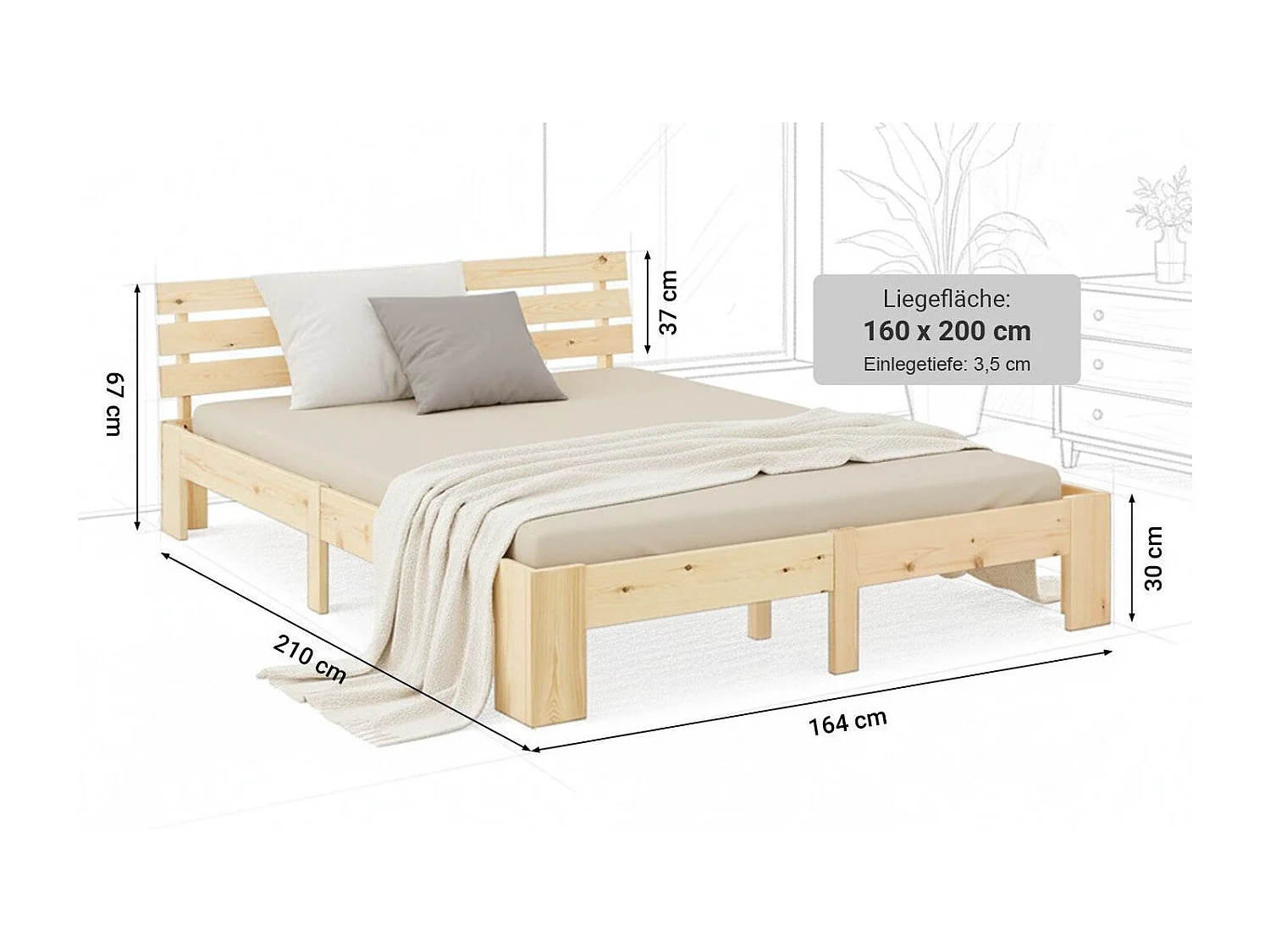 Lit double 2 personnes bois marron 204 x 164 x 66 cm LIT06163