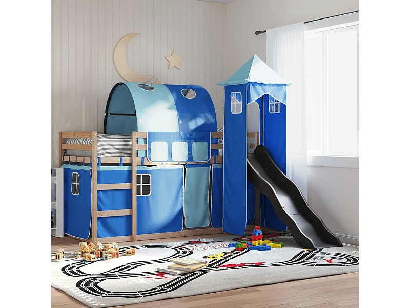 Stapelbed met glijbaan en gordijnen blauw 90x200 cm