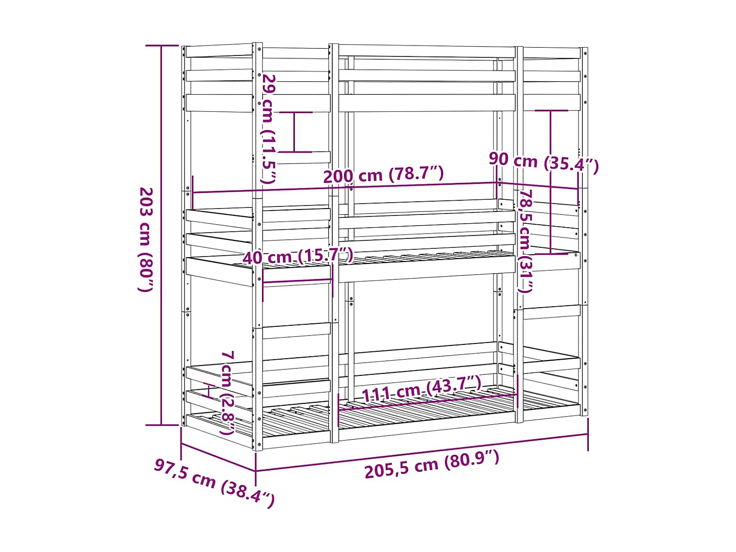 Lit superposé triple sans matelas 90x200 cm bois de pin massif