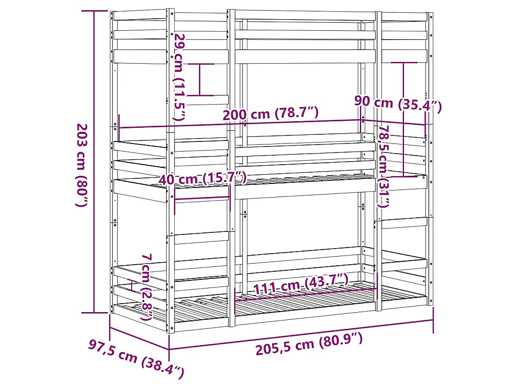Letto a Castello Triplo Bianco 90x200 cm Legno Massello di Pino