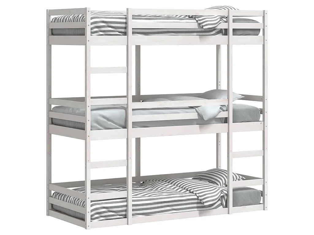 Letto a Castello Triplo Bianco 90x200 cm Legno Massello di Pino
