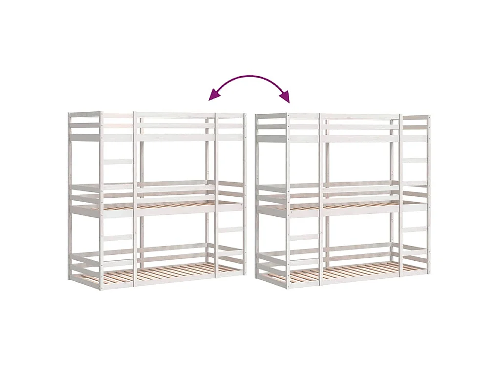 Letto a Castello Triplo Bianco 90x200 cm Legno Massello di Pino