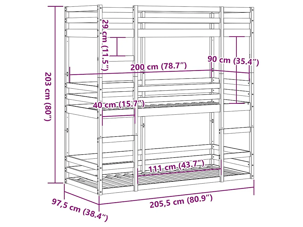 Letto a Castello Triplo Bianco 90x200 cm Legno Massello di Pino