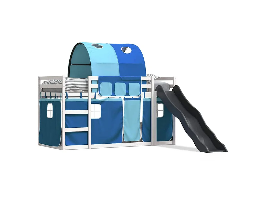 Letto a Castello con Scivolo e Tende Blu 90x200 cm
