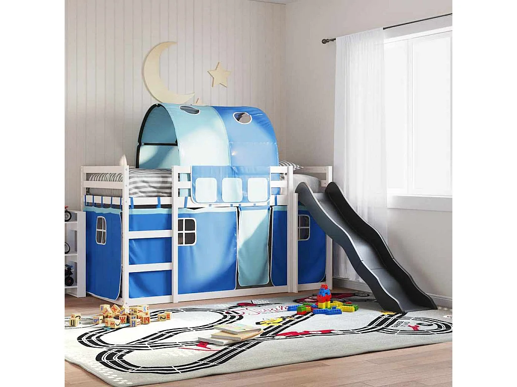 Letto a Castello con Scivolo e Tende Blu 90x200 cm
