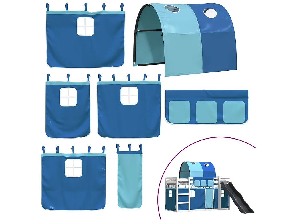 Letto a Castello con Scivolo e Tende Blu 90x200 cm