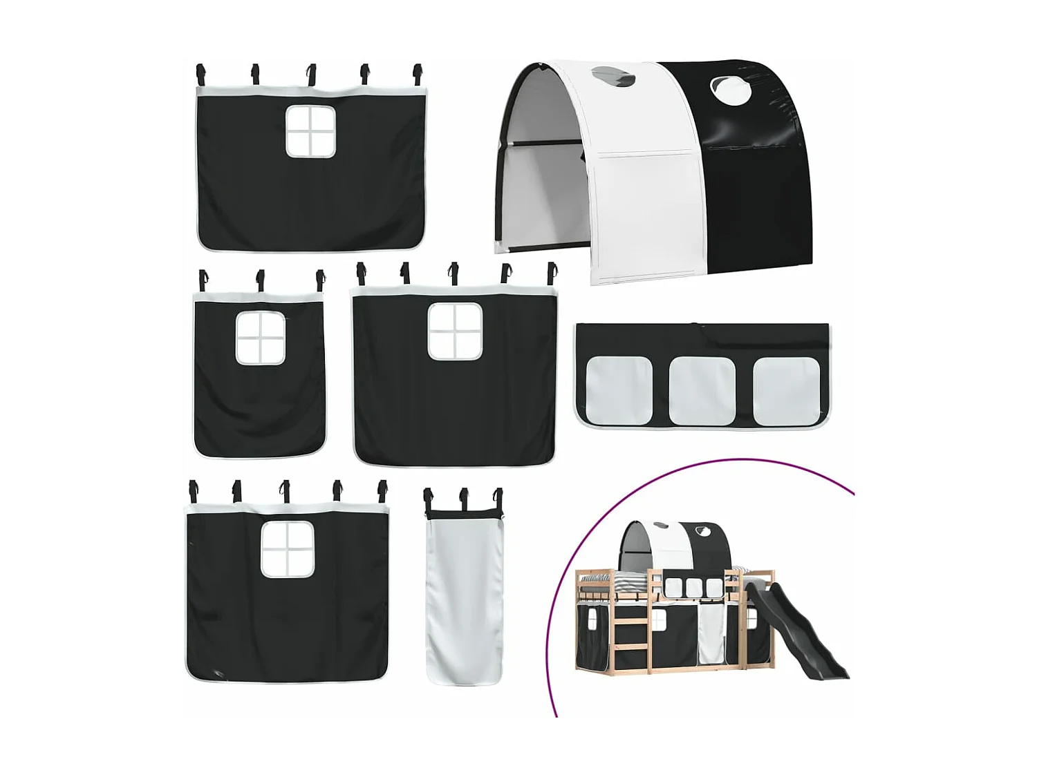 Lit superposé sans matelas avec toboggan blanc noir 90x200 cm