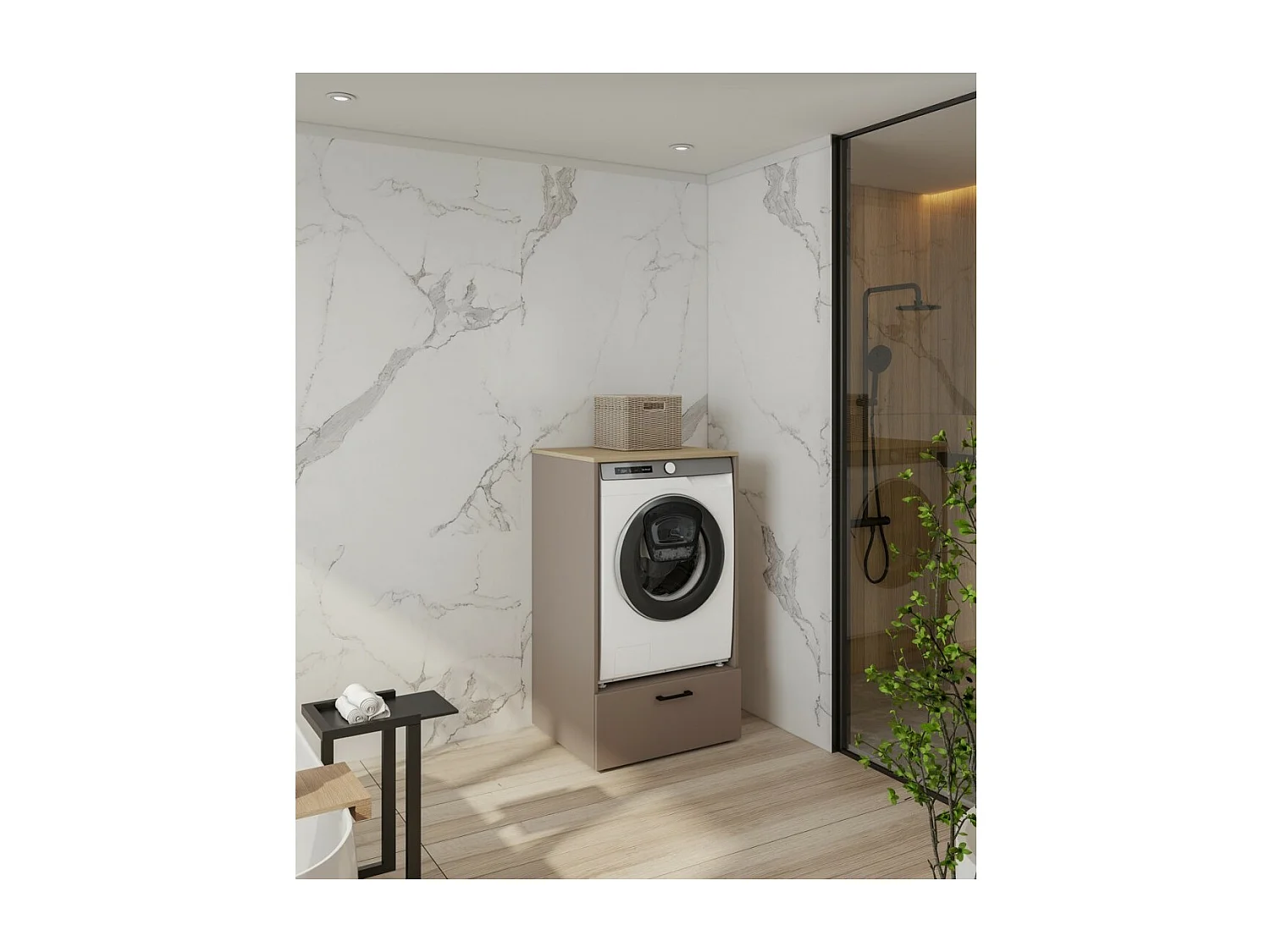 Meuble de rangement pour machine à laver collection WASHING – 1 tiroir – Taupe et chêne