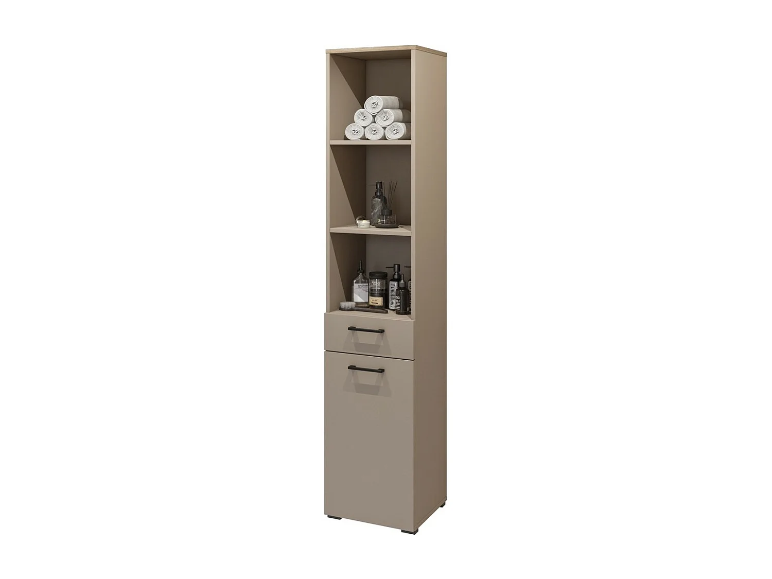 Ensemble de meuble de rangement pour machine à laver collection WASHING – Meuble bas et meuble haut – Taupe et chêne