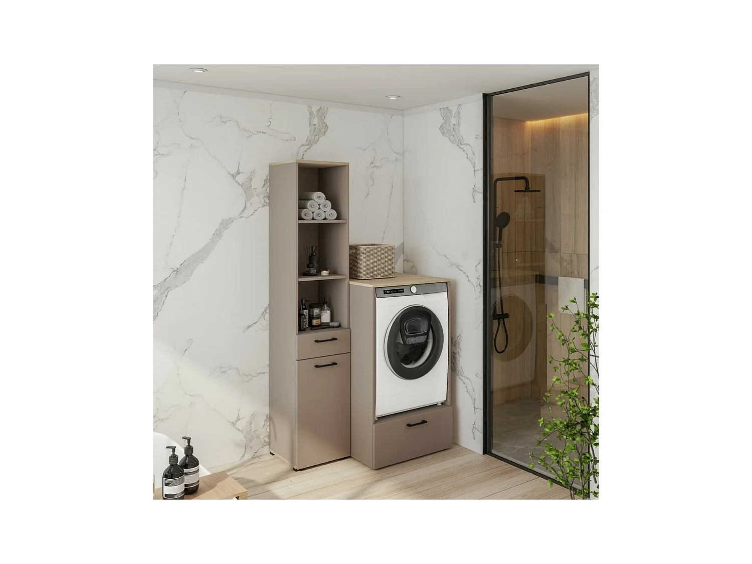 Ensemble de meuble de rangement pour machine à laver collection WASHING – Meuble bas et meuble haut – Taupe et chêne