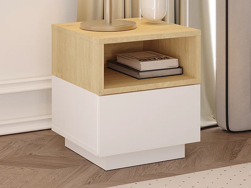 Conjunto de 2 mesitas de noche con 1 cajón y 1 estante - Blanco y natural - VYLARA