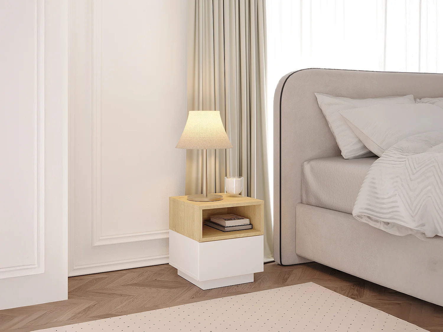 Conjunto de 2 mesitas de noche con 1 cajón y 1 estante - Blanco y natural - VYLARA