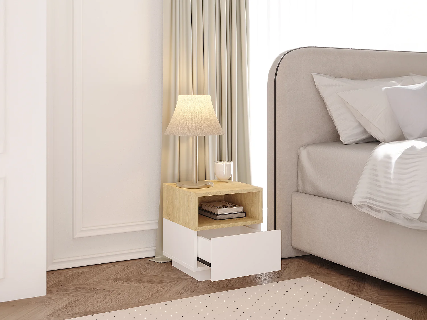 Lot de 2 tables de chevet 1 tiroir et 1 niche - Blanc et naturel - VYLARA