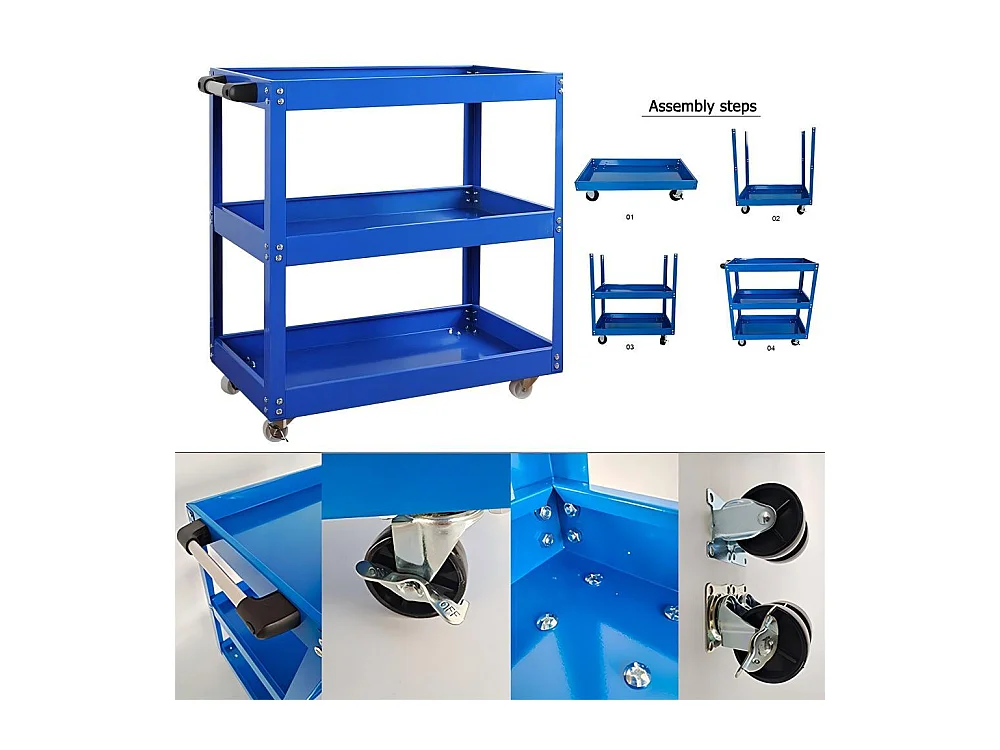 Chariot à outils pour atelier, stockage d'outils, roue caoutchouc solide, max200kg, 66x36x74cm