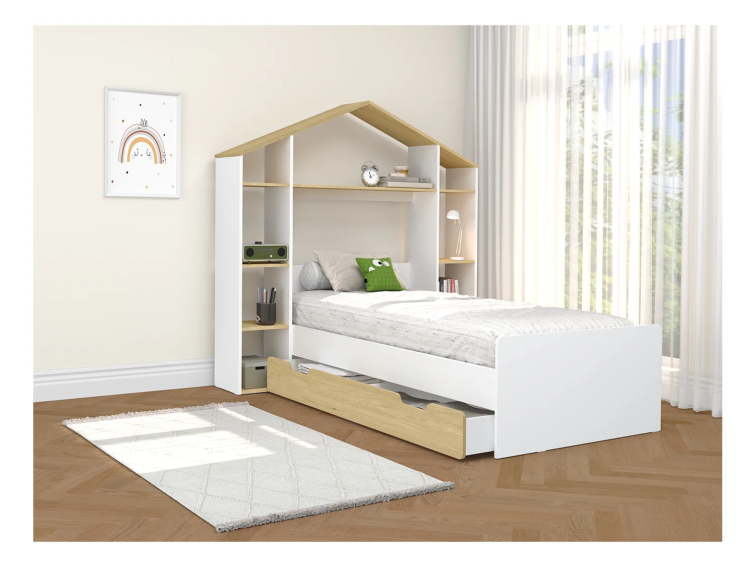 Łóżko domek 90 x 190 cm - Biały i naturalny + Materac - JERACO