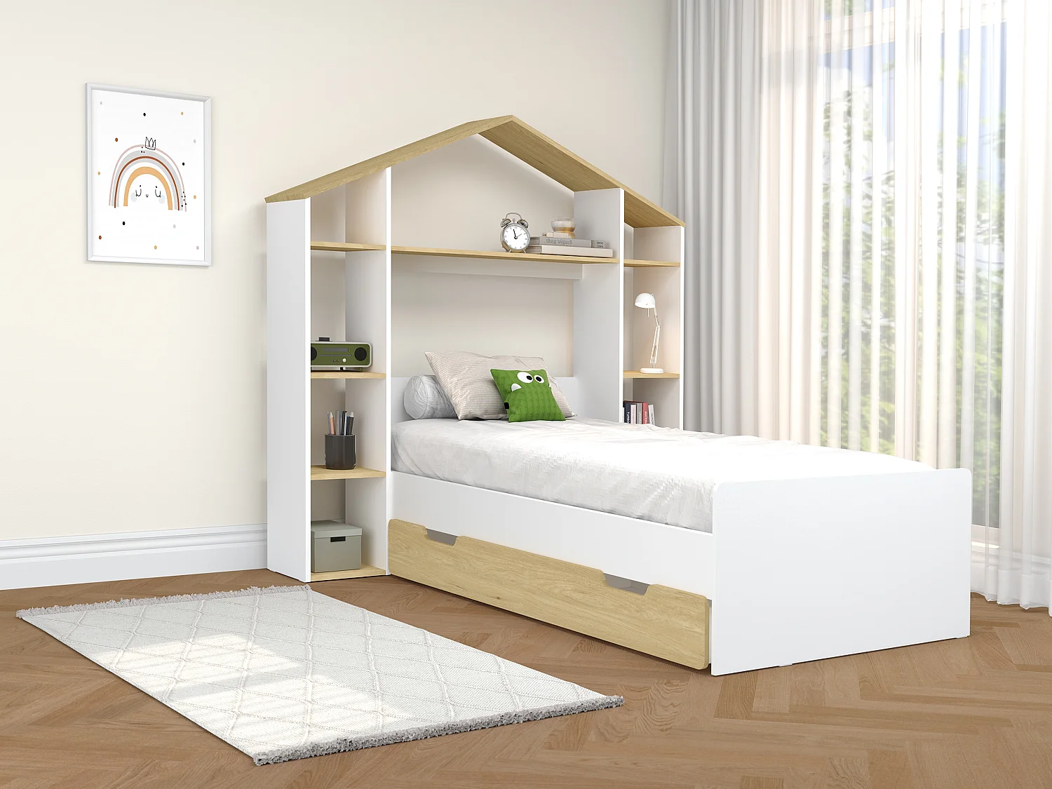 Lit cabane 90 x 190 cm - Coloris : Blanc et naturel + Matelas - JERACO