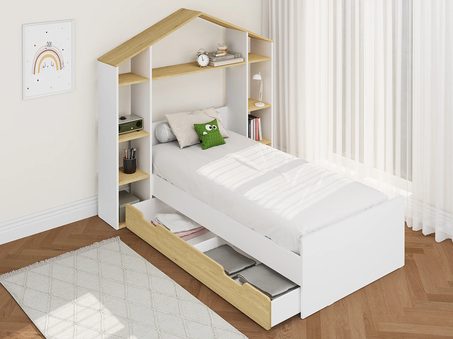 Łóżko domek 90 x 190 cm - Biały i naturalny + Materac - JERACO