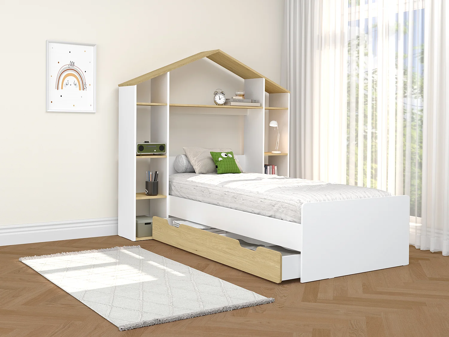 Hutbed 90 x 190 cm - Kleur: wit en houtlook + matras - JERACO