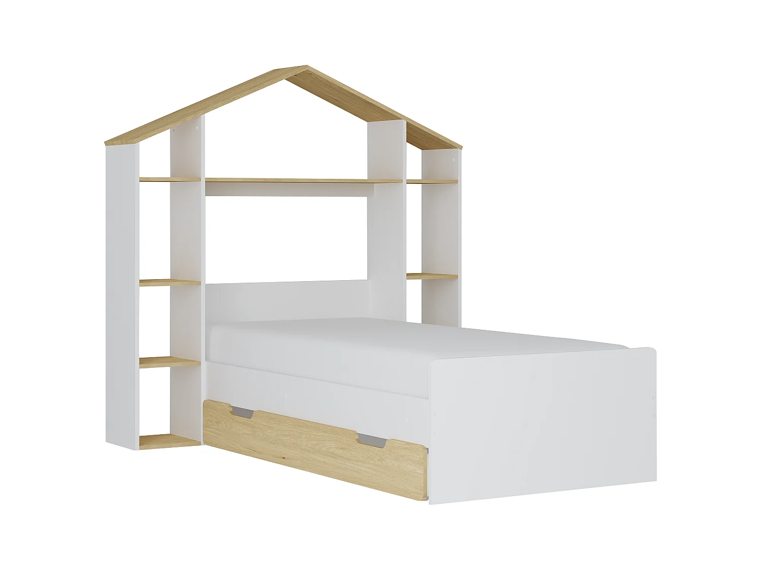 Hutbed 90 x 190 cm - Kleur: wit en houtlook + matras - JERACO