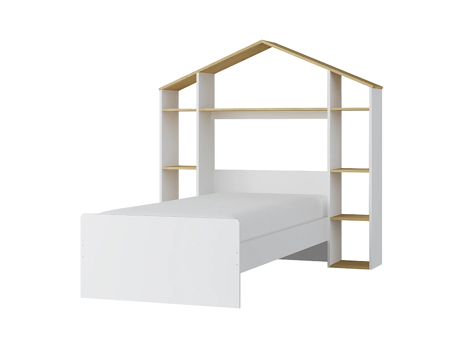 Hutbed 90 x 190 cm - Kleur: wit en houtlook + matras - JERACO