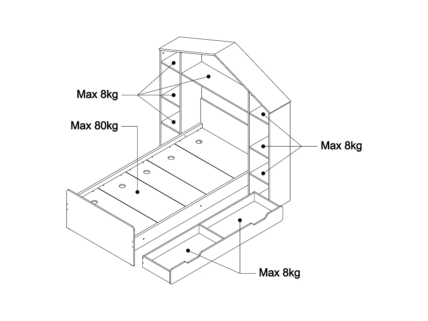 Hutbed 90 x 190 cm - Kleur: wit en houtlook + matras - JERACO